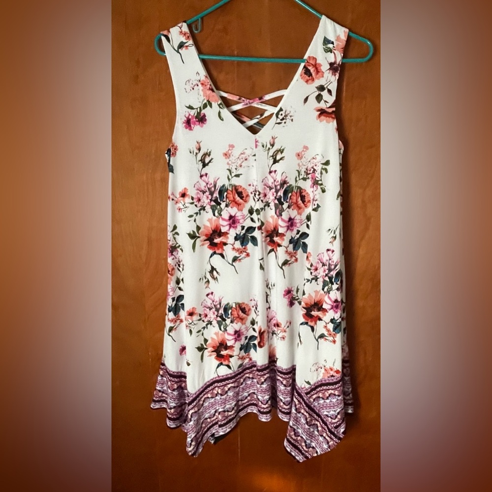 Women 3 Pink Hearts Floral Pink, Peach with Crisscross In Back And Pattern Hem.